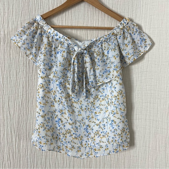 Kaari Blue Tops - Kaari blue white blue floral off the shoulder top with neck tie ribbon size PS